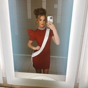 Jovani Red Sheath Mini Dress with Puff Sleeves